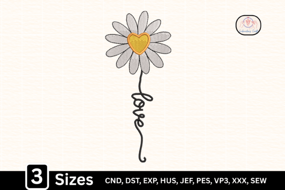 Floral Line Art Daisy Flower Heart Love for Seasonal Embroidery